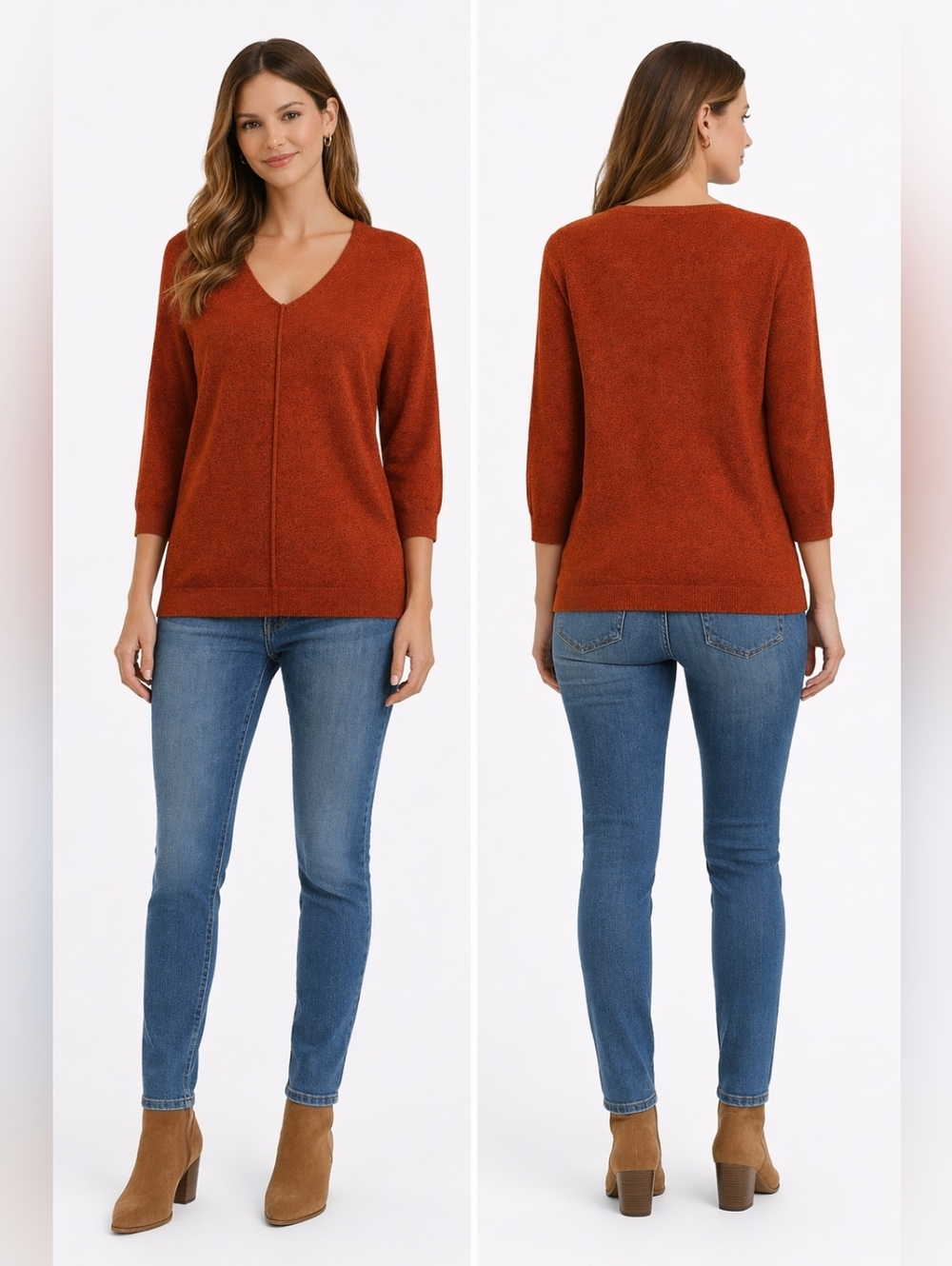 NWT Dex® Plus  V-Neck 3/4" Sleeve Sweater in Rustwood Size X